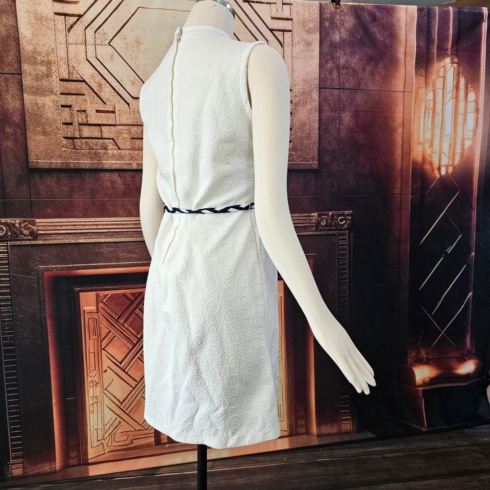 Vintage 1960's Dress Shift White Blue White Braided Belt Sleeveless Retro Pinup - Picture 10 of 13